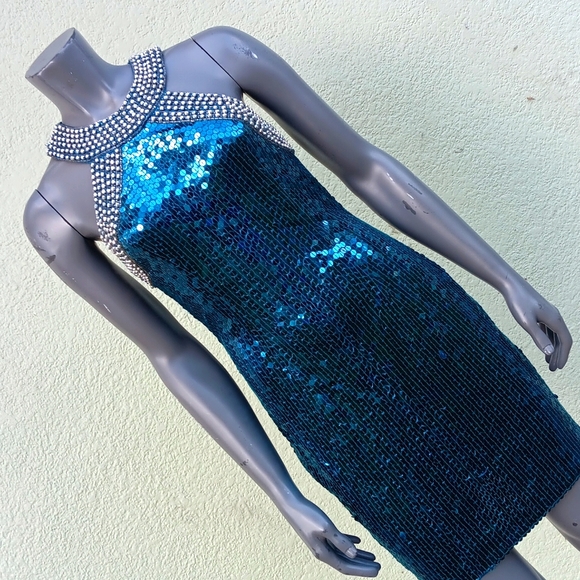 NITELINE by DELLA ROUFOGALI VINTAGE BLUE SEQUIN/STUDDED COLLAR COCKTAIL DRESS - Picture 10 of 17